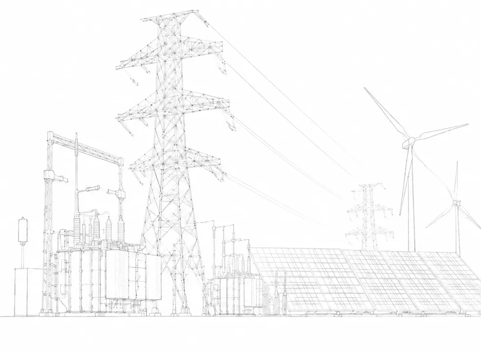 Ilustración lineal de torres de transmisión, paneles solares y aerogeneradores